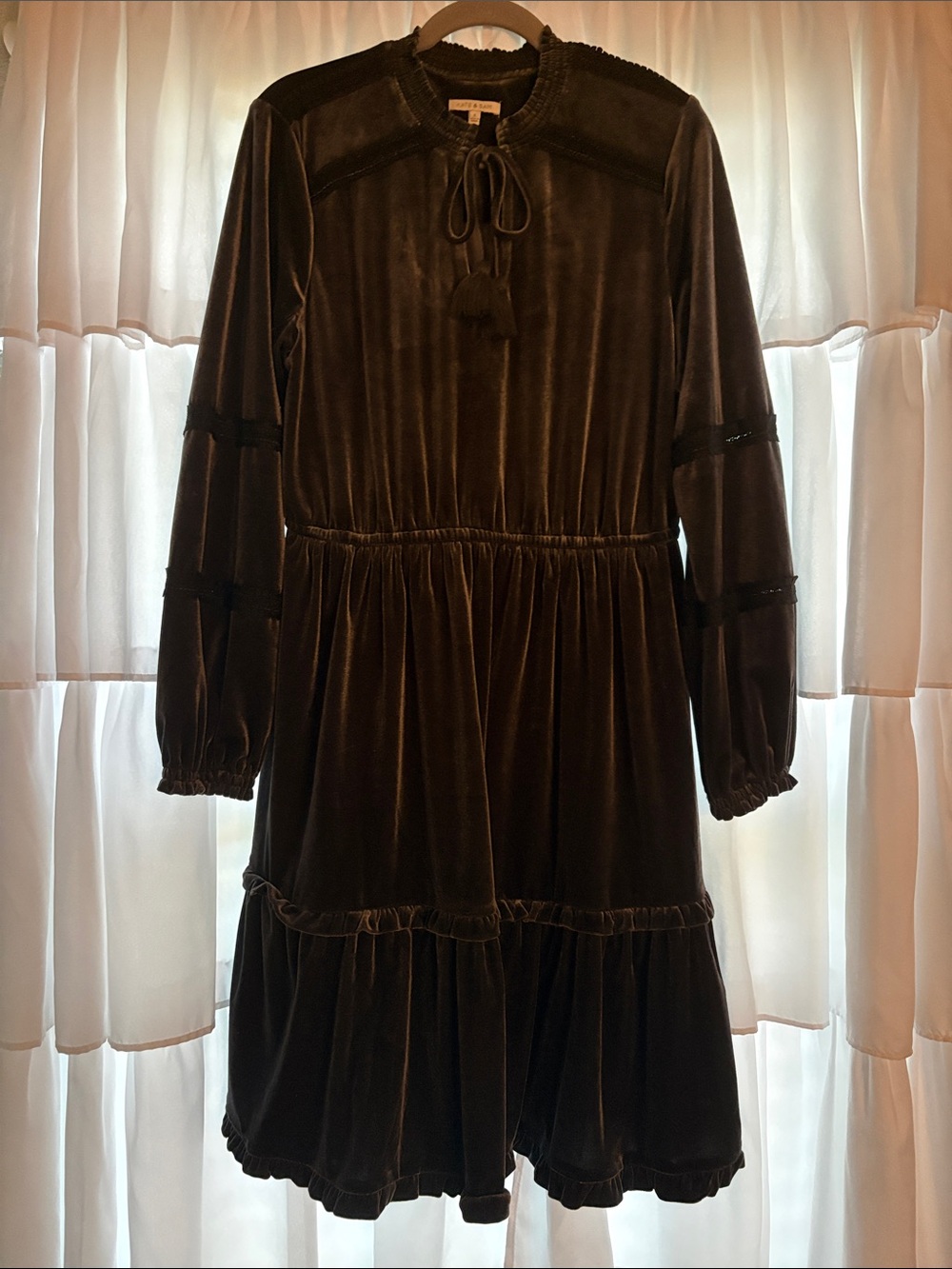 Velvet Tie-Neck Long Sleeve Tiered Dress - Grey